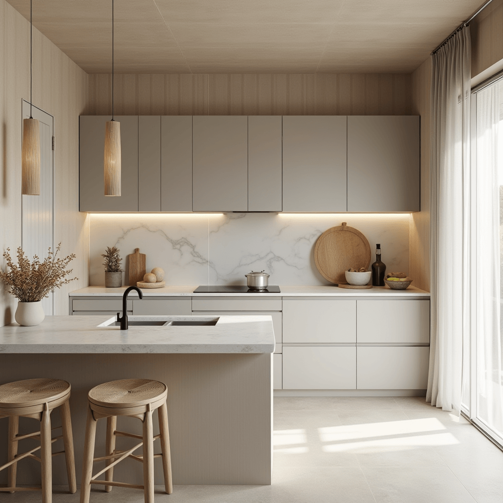 A Japandi kitchen showcasing a neutral color palette with beige, gray, and white tones, emphasizing clean lines and natural materials for a serene ambiance.