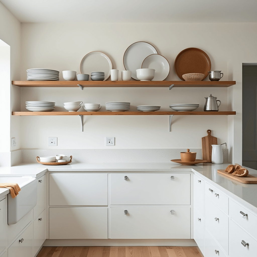 A Japandi kitchen with open shelving displaying curated dishware and kitchen essentials, maintaining an elegant and uncluttered minimalist look.