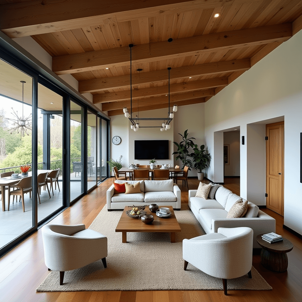 An inviting open layout of a modern rustic living room, highlighting the spacious arrangement of furniture that promotes flow and cozy conversation areas for guests.