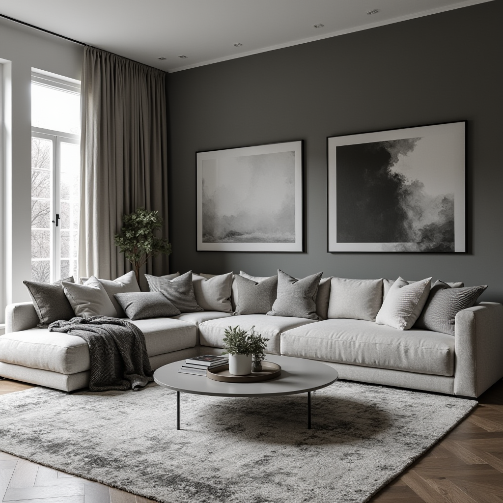 A chic, modern living room designed with a monochromatic color scheme, highlighting various textures and layers in shades of grey.