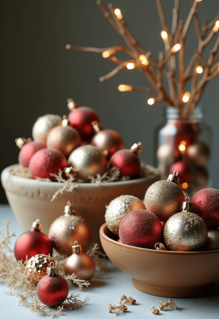 A visually striking display of various ornaments arranged in bowls and jars, highlighting cherished holiday decorations in an artistic manner.