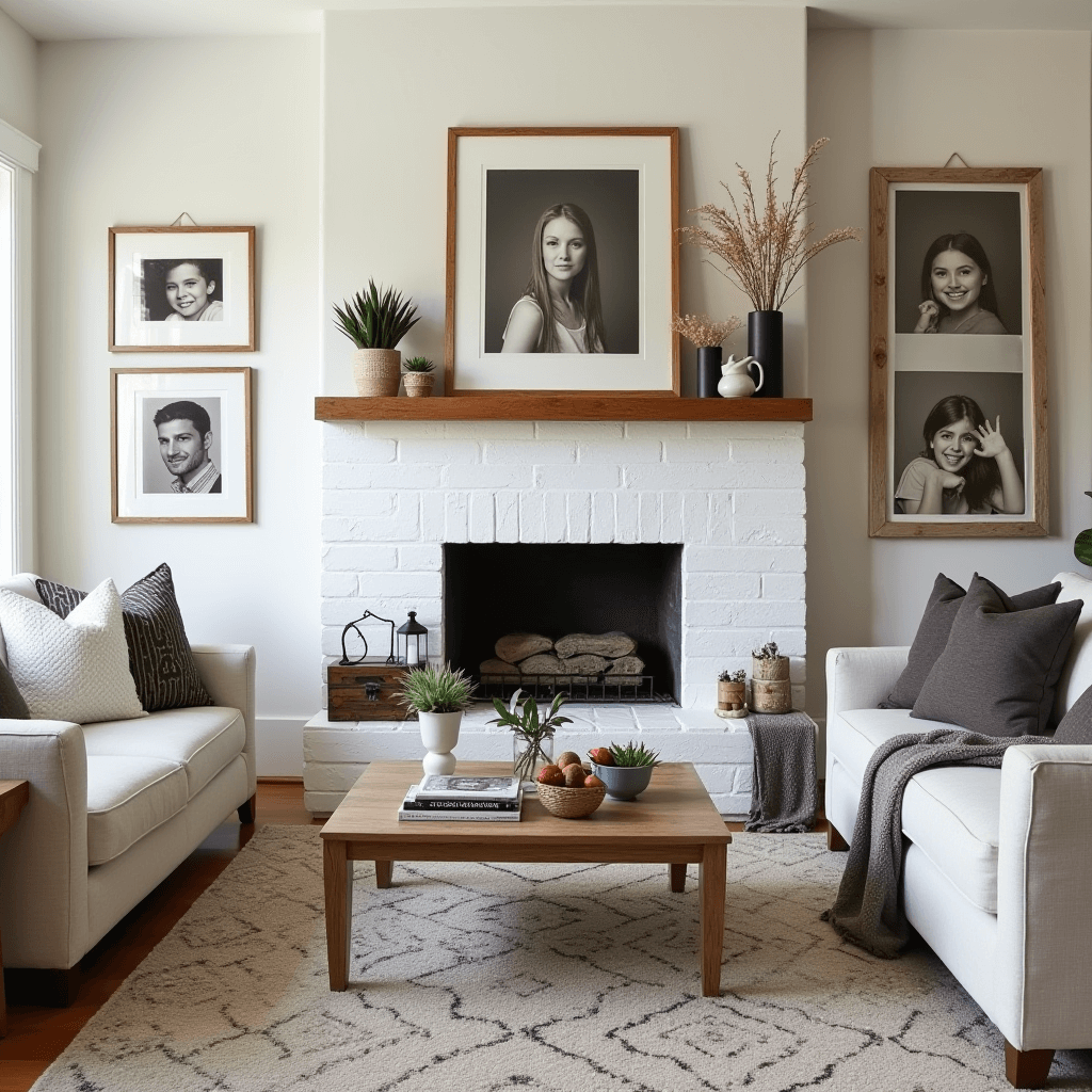 A modern rustic living room decorated with personalized touches, including family photos in rustic frames, meaningful art pieces, and handmade crafts that reflect the homeowners' stories.