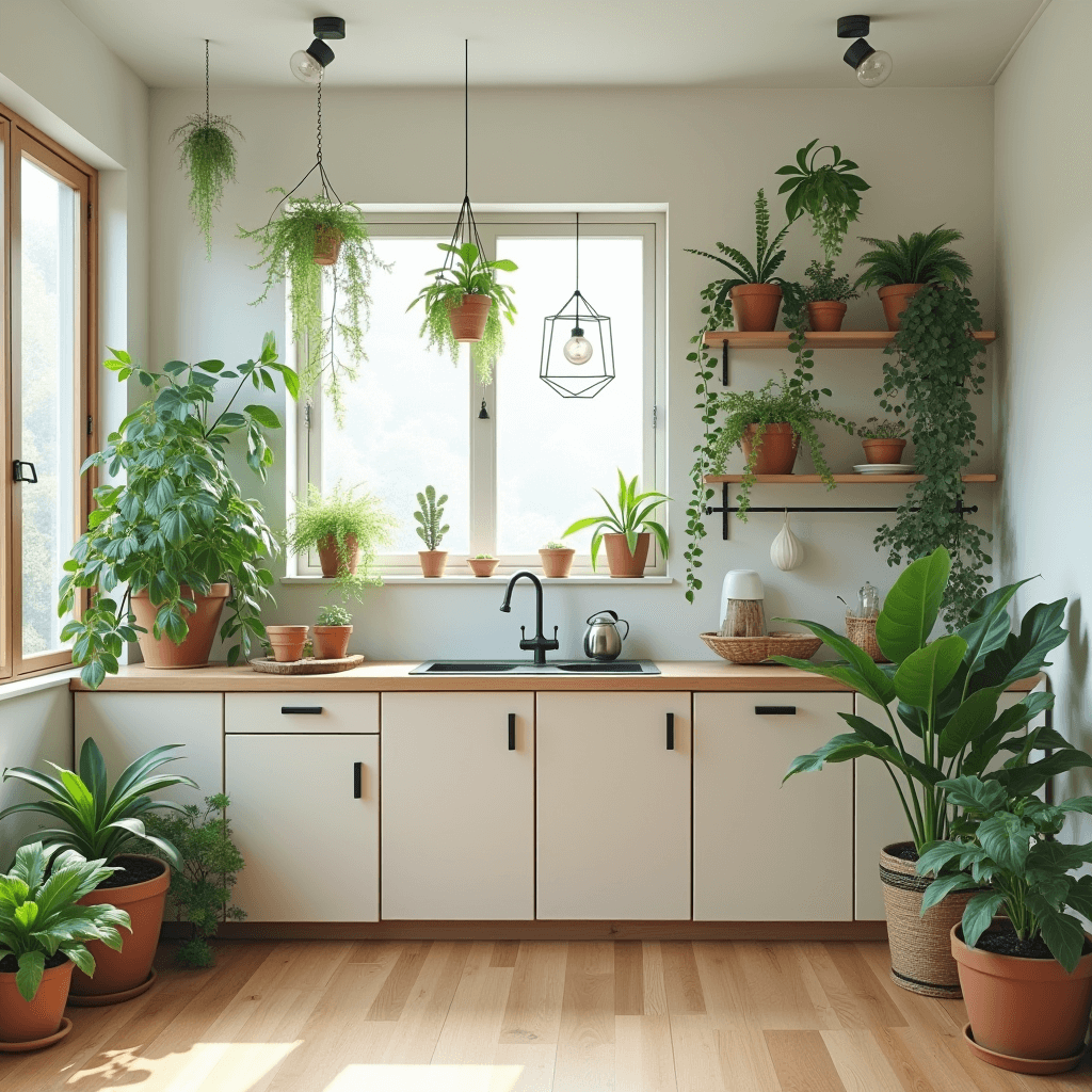 A vibrant Japandi kitchen filled with various indoor plants, showcasing greenery that enhances the minimalistic design and brings in natural elements.