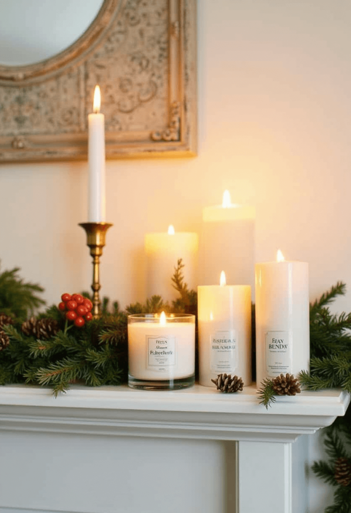 A cozy scene featuring a collection of scented candles arranged on a mantle, surrounded by festive greenery and holiday decor, evoking warmth and holiday scents.