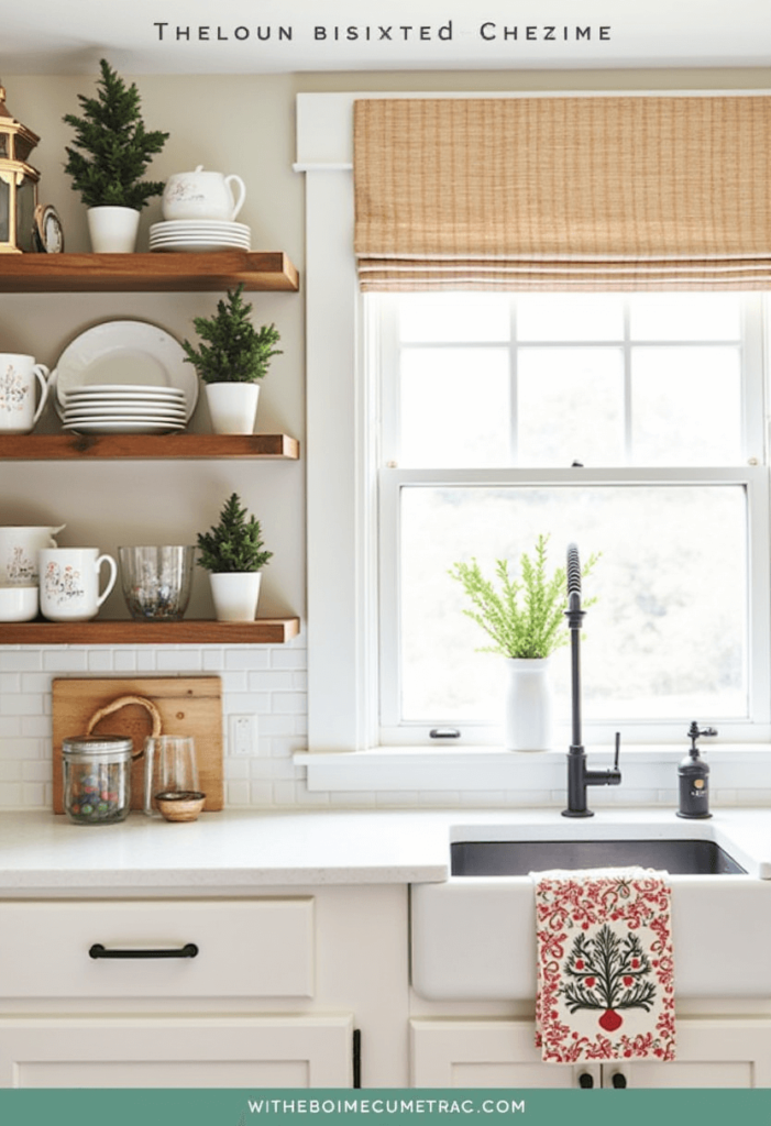 An inviting kitchen adorned with seasonal decor, showcasing festive dishware, holiday-themed towels, and arranged decorations on shelves, highlighting the holiday spirit.