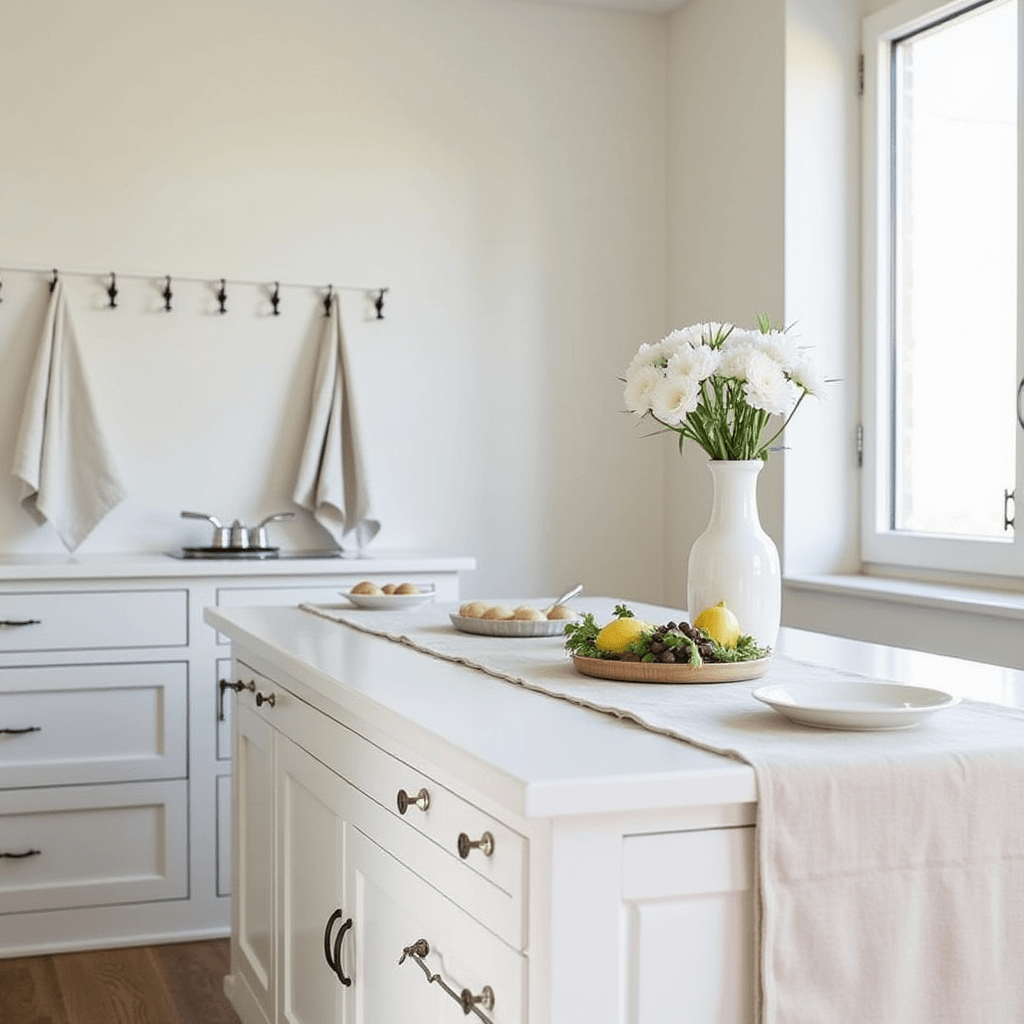 A Japandi kitchen showcasing simple textiles like linen dish towels and understated table runners that enhance the minimalist decor.