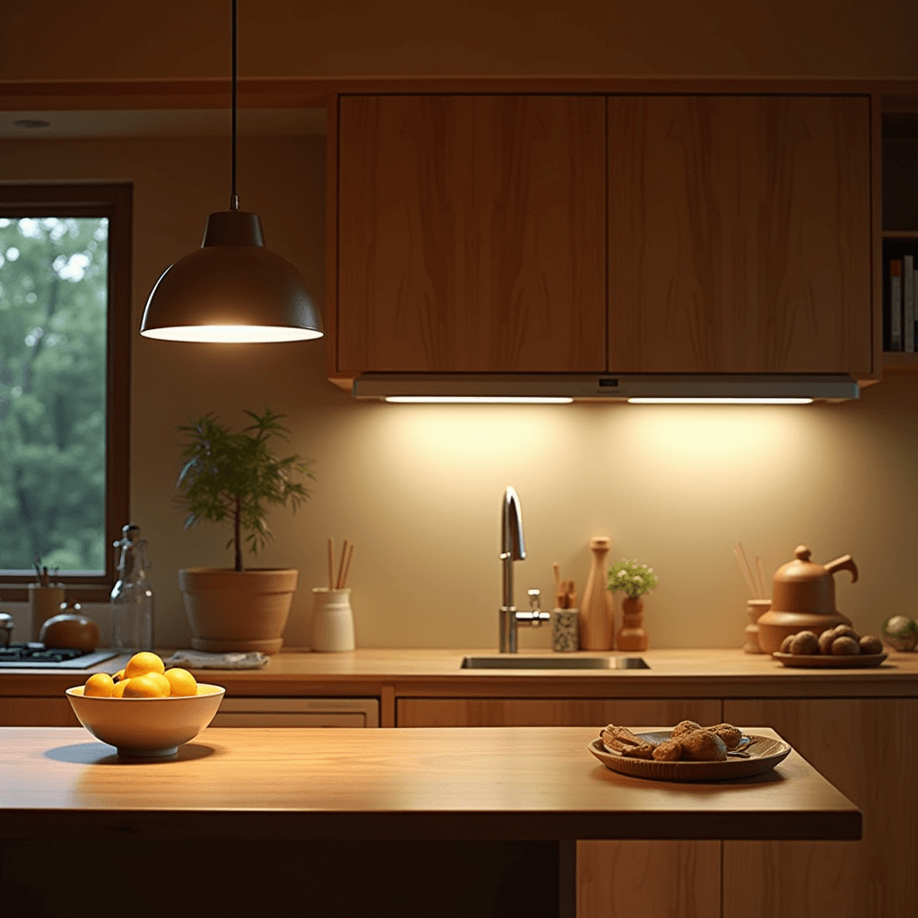 A cozy Japandi kitchen illuminated by soft, diffused lighting from pendant lights and under-cabinet fixtures, creating a warm and welcoming environment.