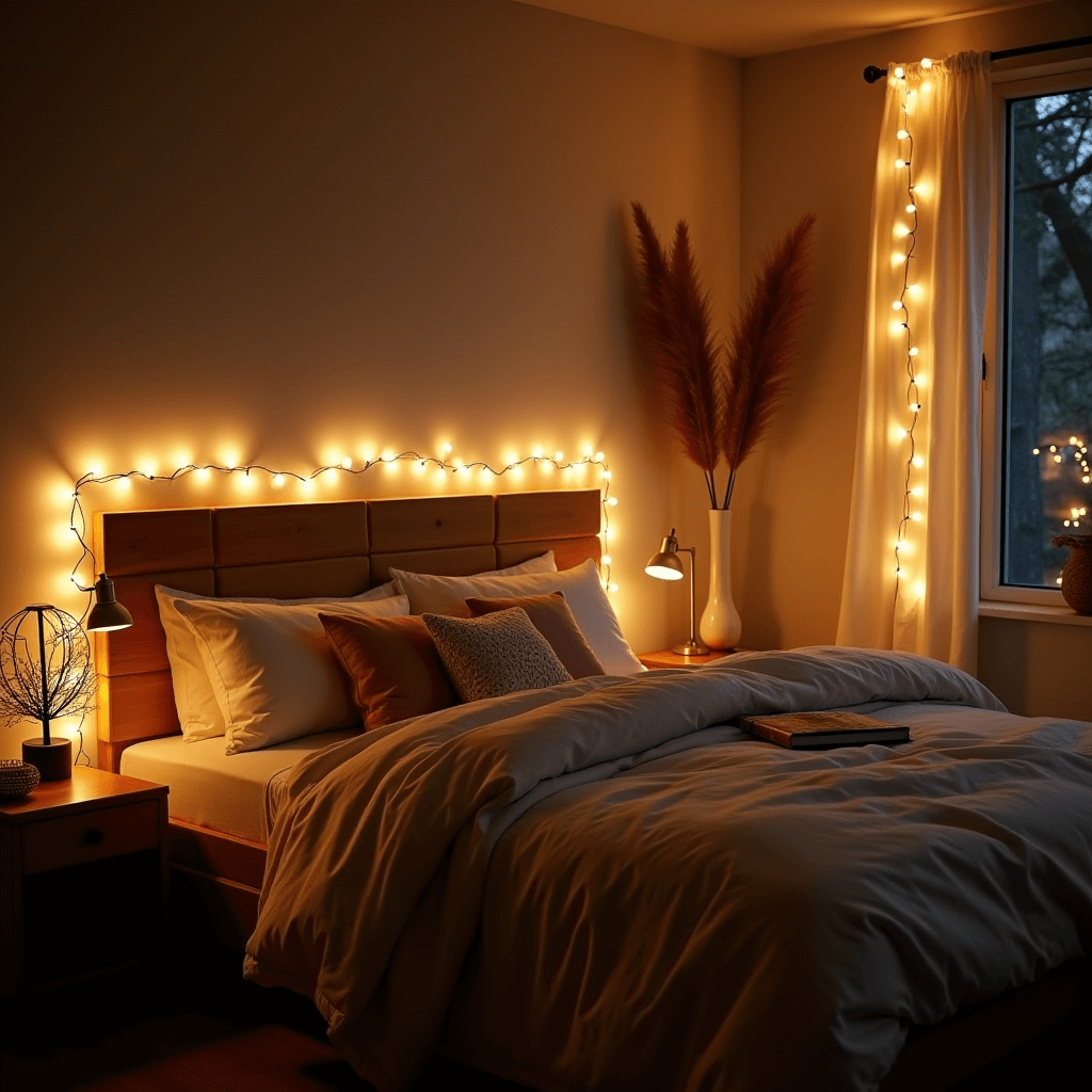 A serene winter bedroom illuminated by soft lighting from stylish table lamps, fairy lights, and dimmable options, creating a cozy and inviting ambiance