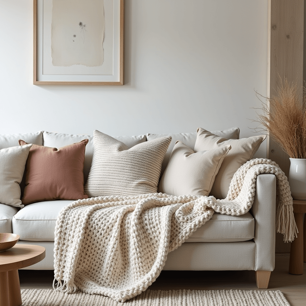 A modern rustic living room adorned with soft textiles, such as linen and chunky knit cushions on a comfortable sofa, layered with throw blankets for added warmth.