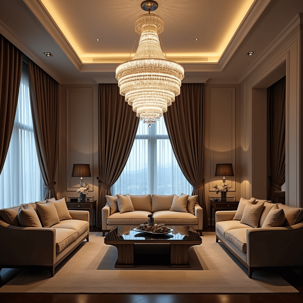 A beautifully designed living room featuring a sparkling crystal chandelier that acts as a focal point above a stylish seating area