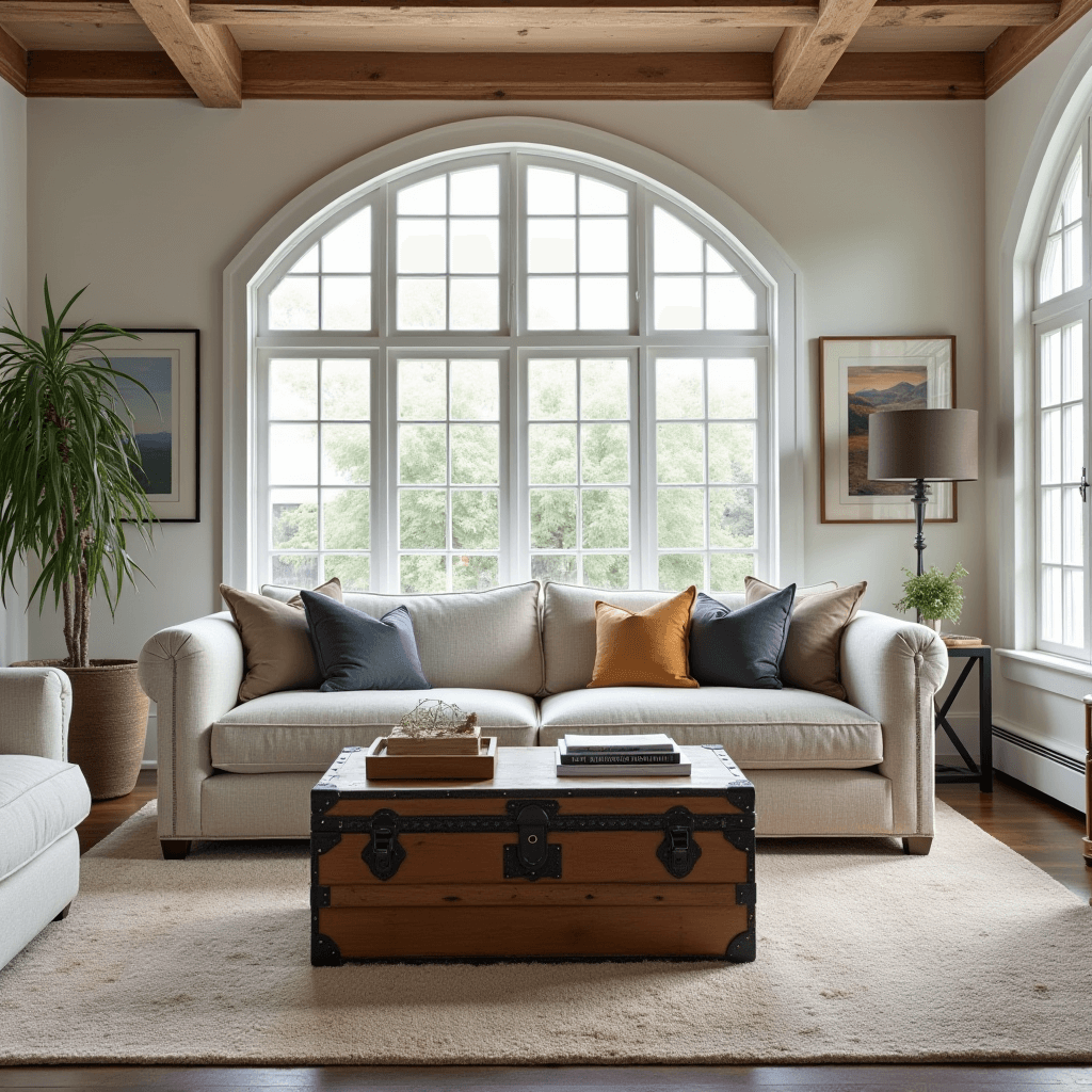 A beautifully designed living room with a statement furniture piece, such as a bold oversized couch or an antique trunk used as a coffee table, capturing the essence of modern rustic style.