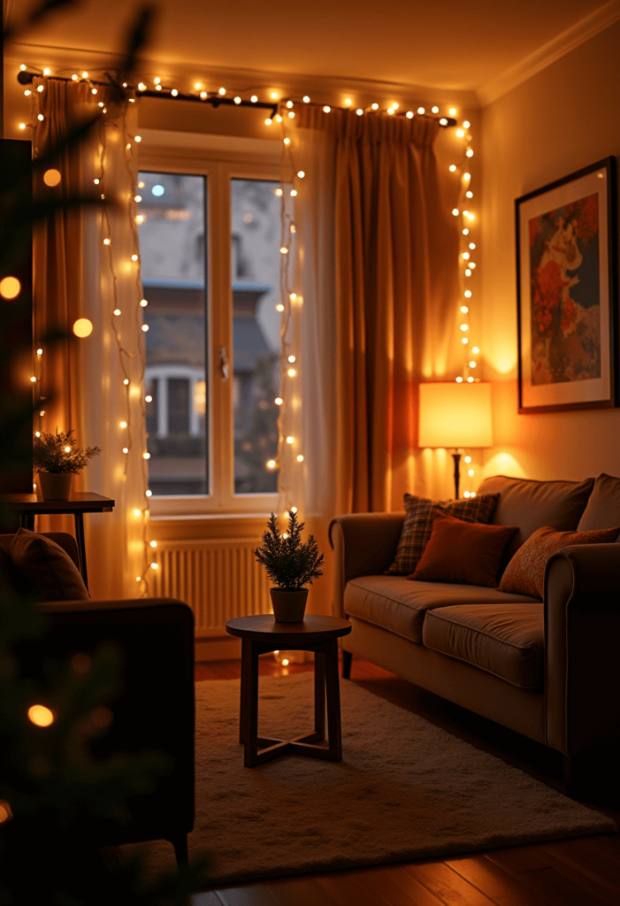 A magical scene showcasing string lights elegantly draped around furniture and hung on walls in a small apartment, creating a warm, twinkling ambiance for the holidays.