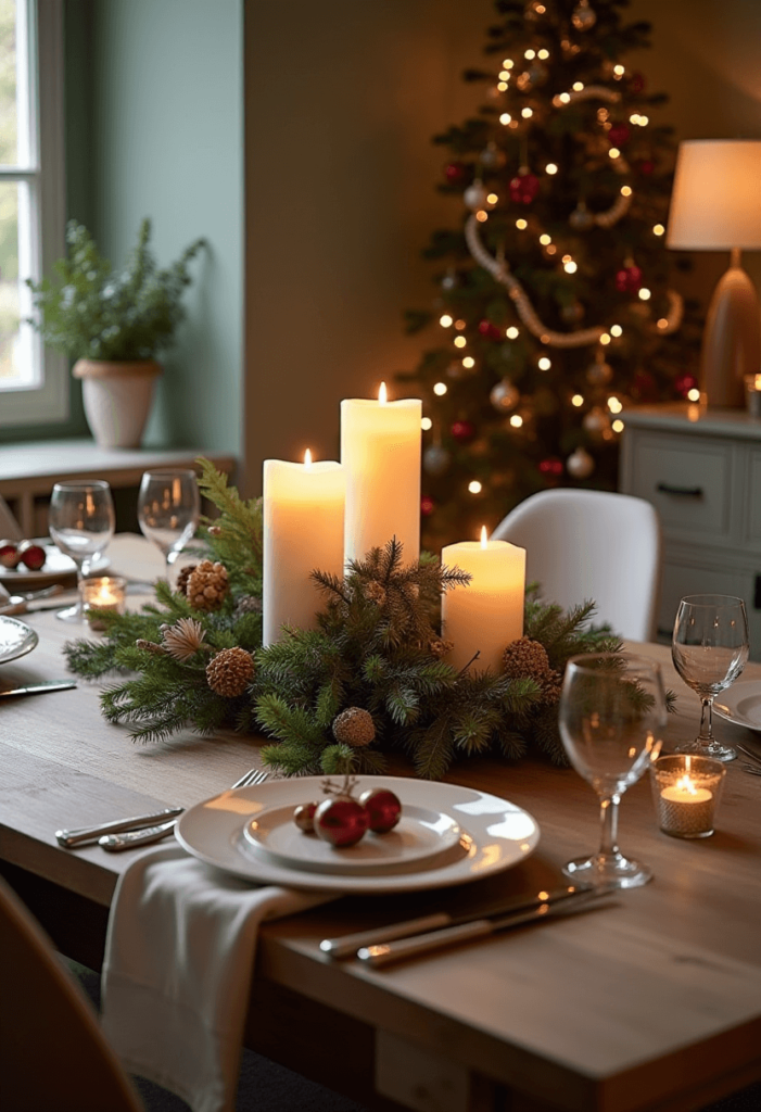 A beautifully set dining table for a holiday gathering, featuring a stylish centerpiece of candles, pine, and seasonal decorations, inspiring festive tabletop design.