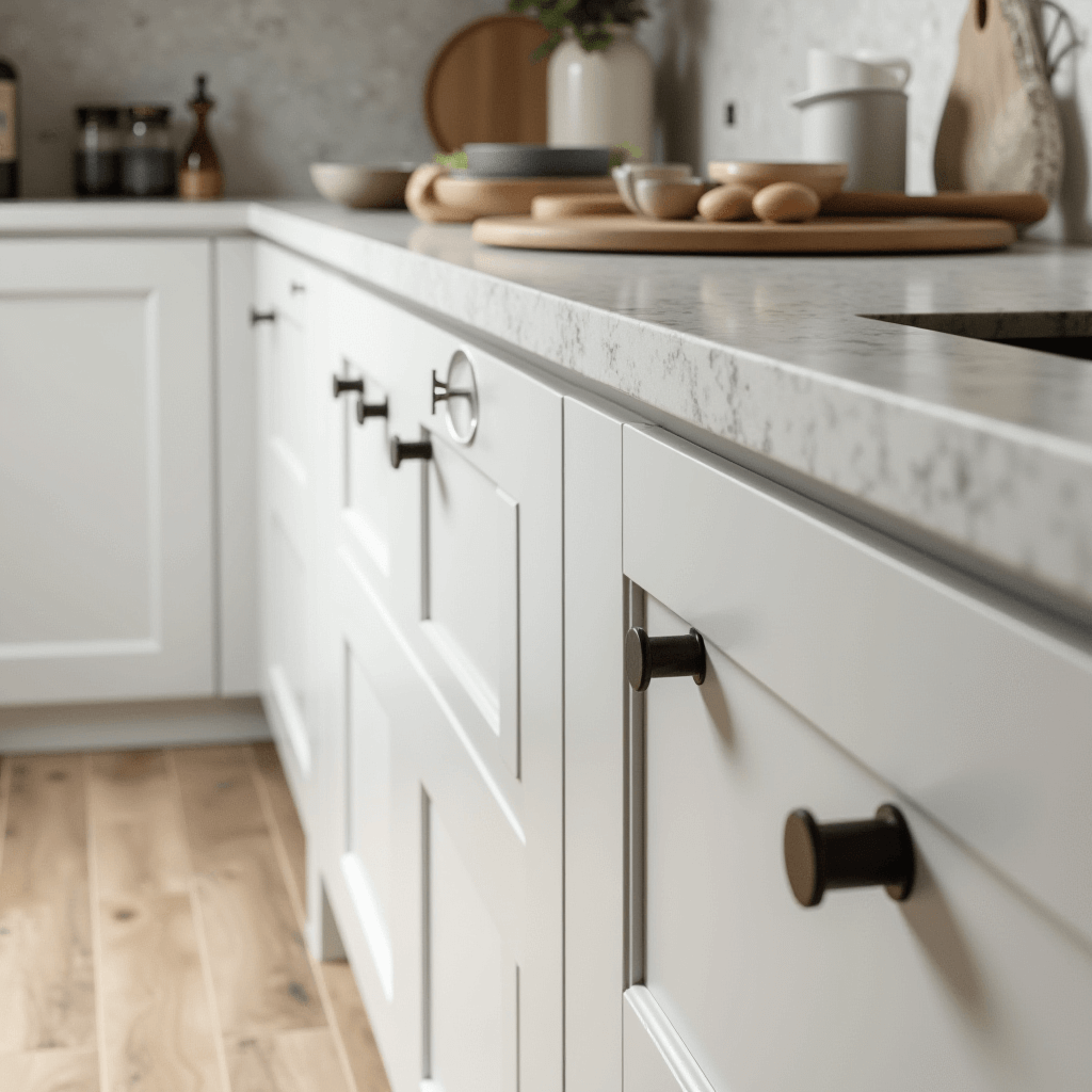 Elegant hardware details in a Japandi kitchen, featuring stylish cabinet handles and fixtures that enhance the minimalist design.