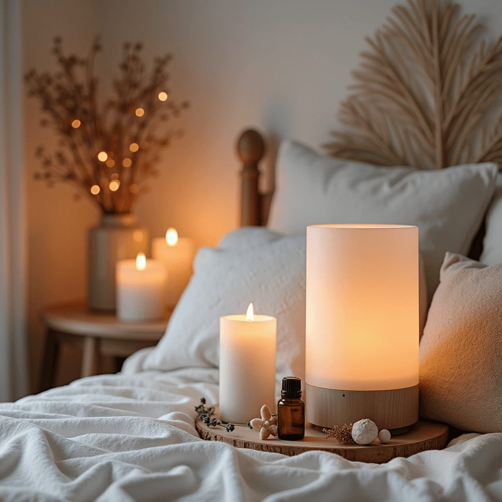 A calming winter bedroom featuring aromatherapy elements, such as scented candles and essential oil diffusers, contributing to a serene and inviting atmosphere.