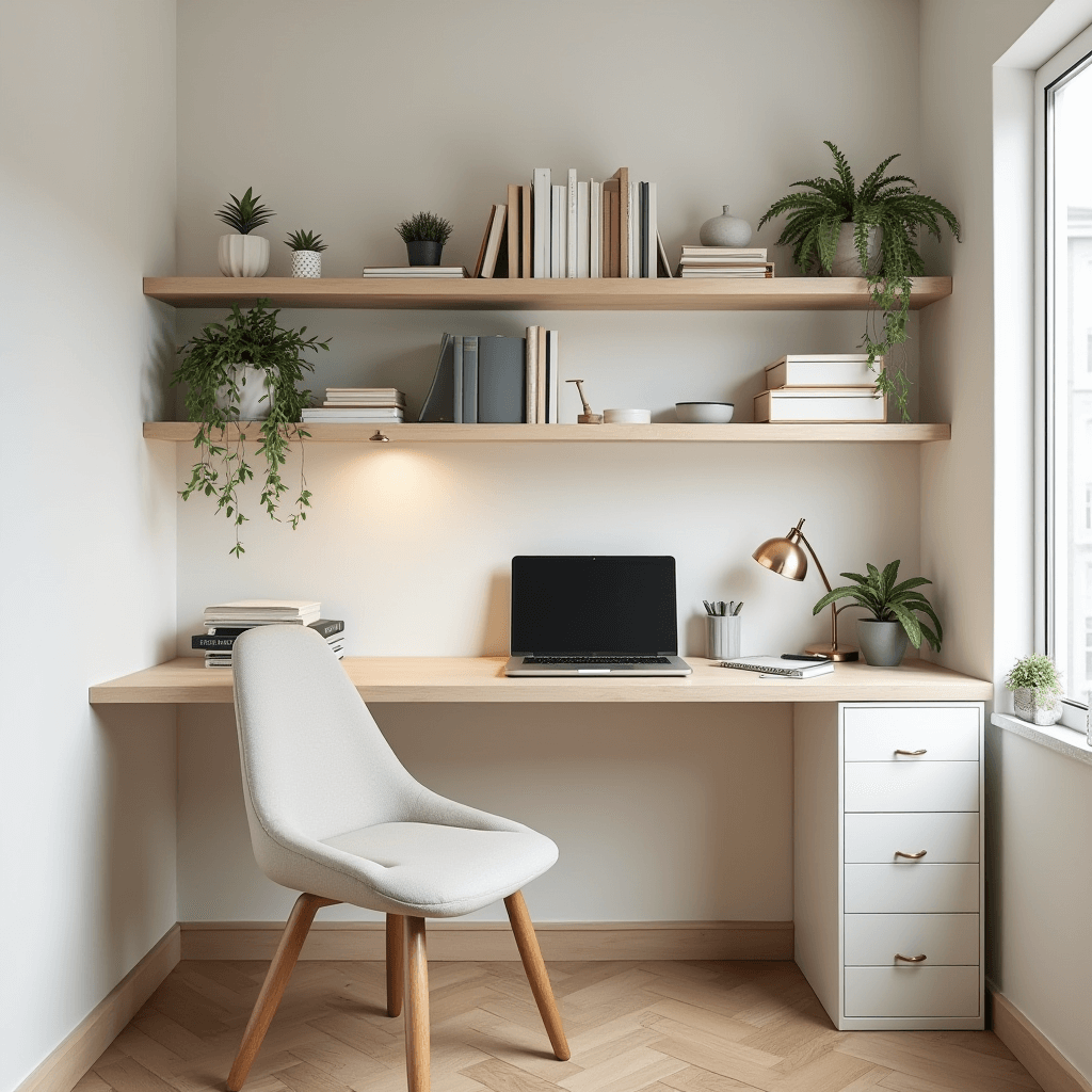 small bedroom with a fold-down wall-mounted desk and floating shelves above, offering organized office supplies and a tidy workspace.