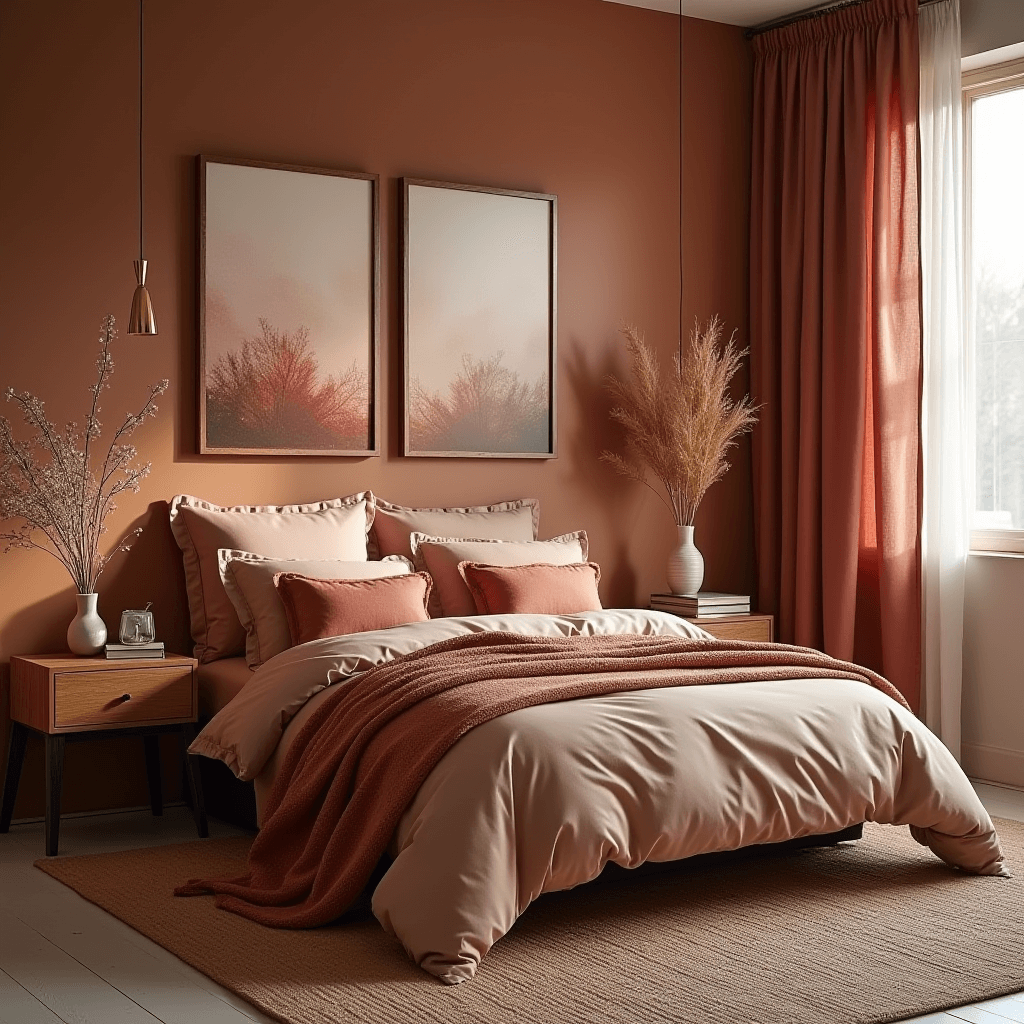 A beautifully decorated winter bedroom featuring a warm color palette with soft earth tones and rich jewel hues in the bedding, curtains, and wall decor.