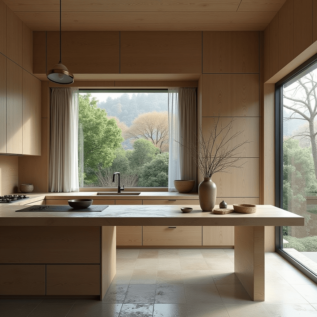 A Japandi kitchen incorporating Zen-inspired elements, such as smooth stones and natural decor, promoting a tranquil and calming atmosphere.