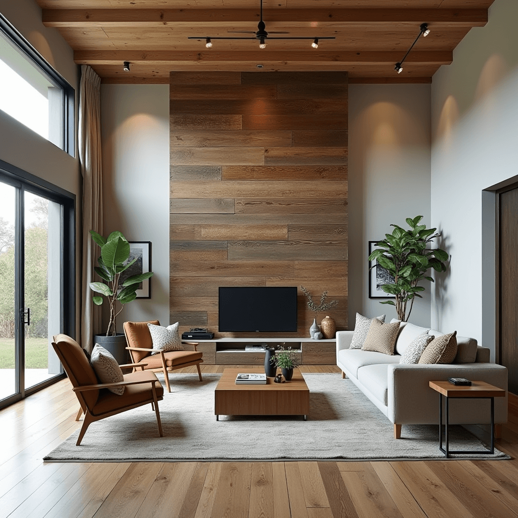 A stunning living room with rustic wall treatments, showcasing a wooden panel accent wall or reclaimed barn wood, creating a warm focal point in the modern rustic space.