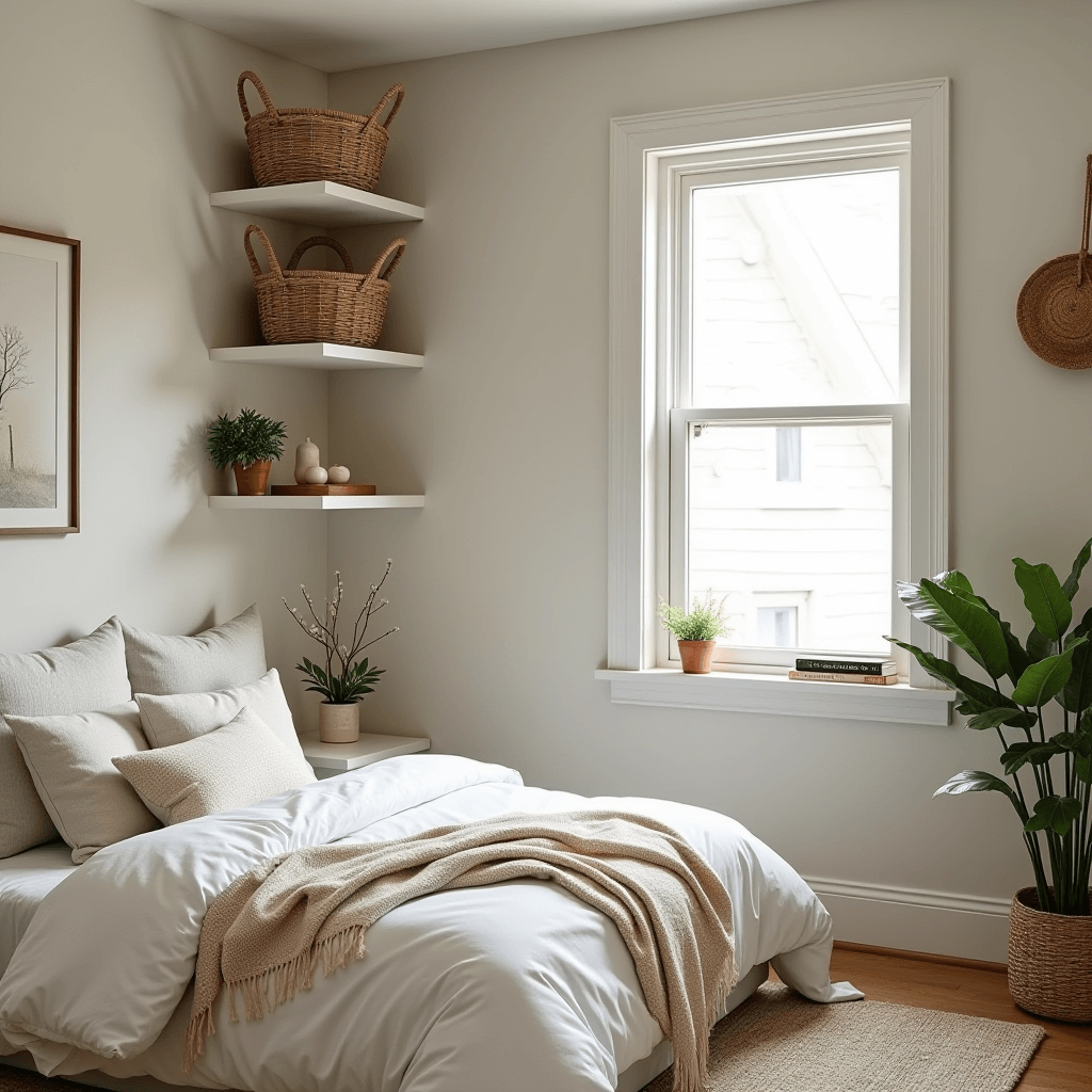 A cozy nook in a small bedroom designed with corner shelves and decorative baskets, maximizing storage while creating an inviting and functional atmosphere.