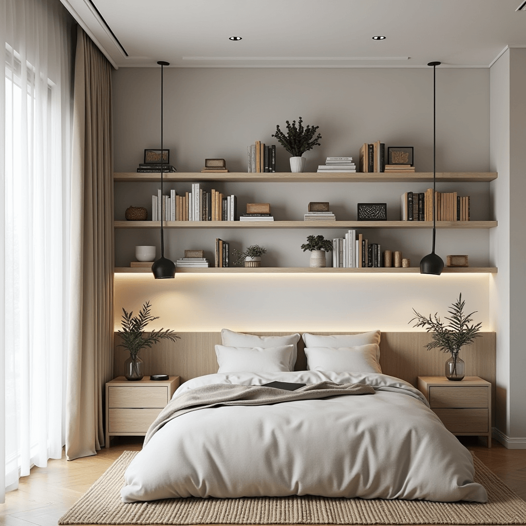 A small bedroom with stylish wall-mounted shelves displaying books, decorative items, and personal belongings, effectively utilizing vertical space to keep the floor clear.