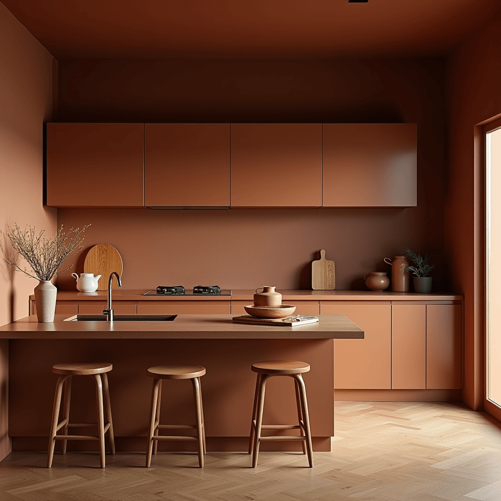 A Japandi kitchen with warm tones, featuring accents of terracotta and muted gold, creating a cozy and inviting cooking environment.