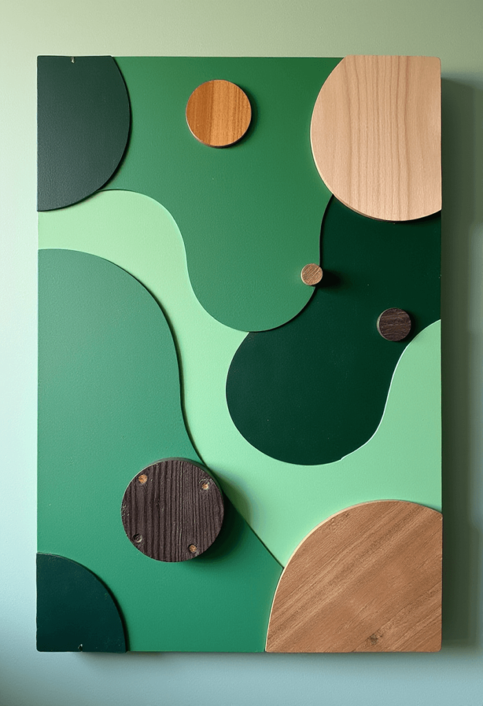 A vibrant art installation featuring a green board adorned with various shades of green and geometric shapes, combined with wood and metal textures.