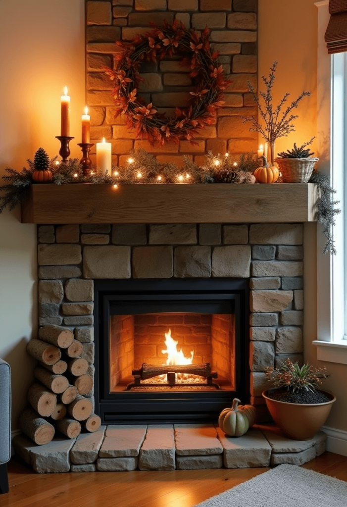 A rustic corner fireplace mantel made of reclaimed wood, beautifully decorated with seasonal accents, stacked logs, and glowing candles, creating a warm and inviting atmosphere.