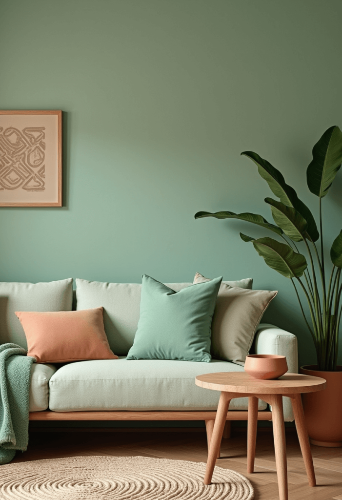 A living room showcasing earthy green accents with soft green cushions and terracotta decor items, creating a welcoming atmosphere that promotes a calm vibe.