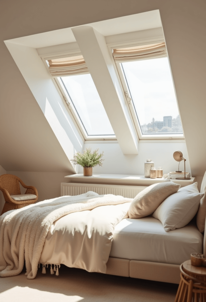 A cozy bedroom with skylights that allow natural light to flood in, featuring soft bedding and decorative elements creating a relaxed atmosphere.