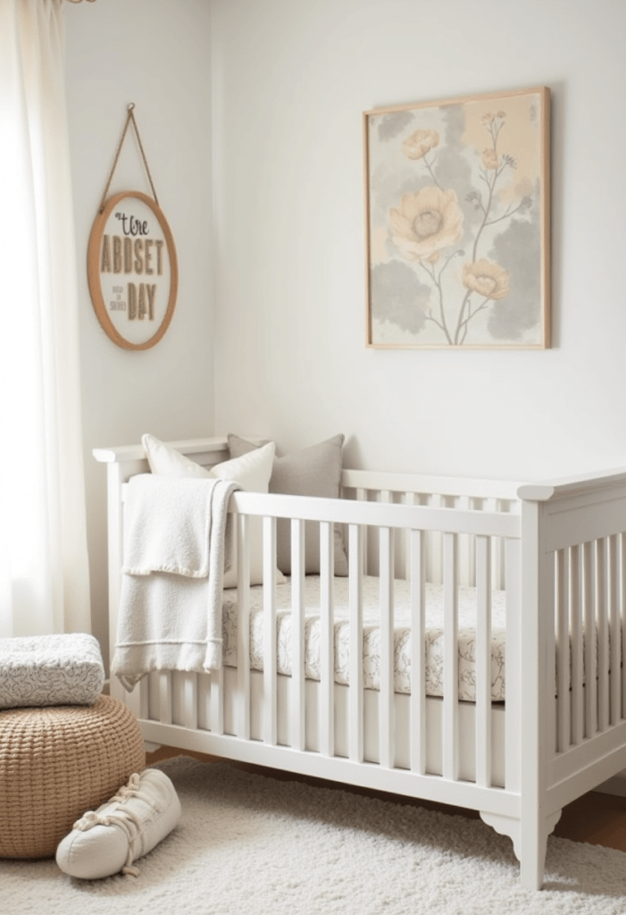 A serene nursery featuring a neutral color scheme with soft whites, beiges, and light grays, complemented by calming decor elements like textiles and minimalist furniture.