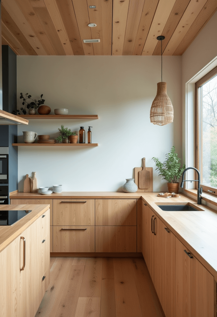 A modern kitchen featuring eco-friendly bamboo countertops and reclaimed wood cabinetry, showcasing a stylish and sustainable design.