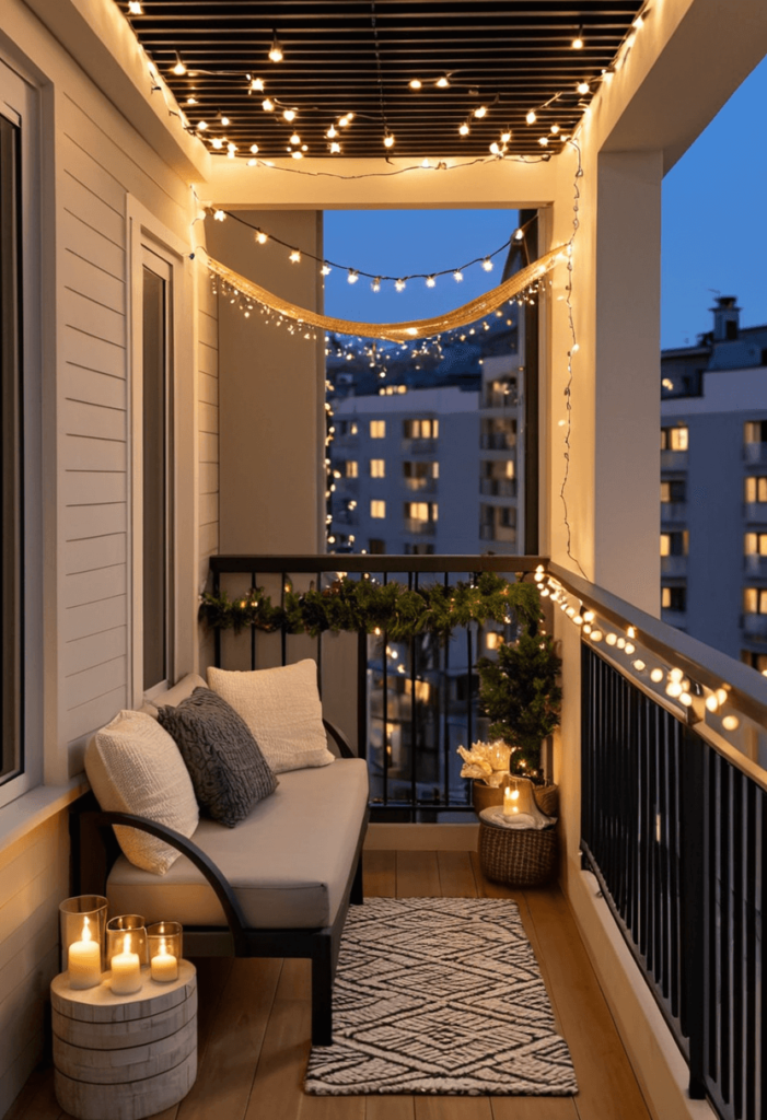 A cozy apartment balcony adorned with twinkling string lights draped along the railing and ceiling, creating a warm and inviting glow perfect for holiday evenings.