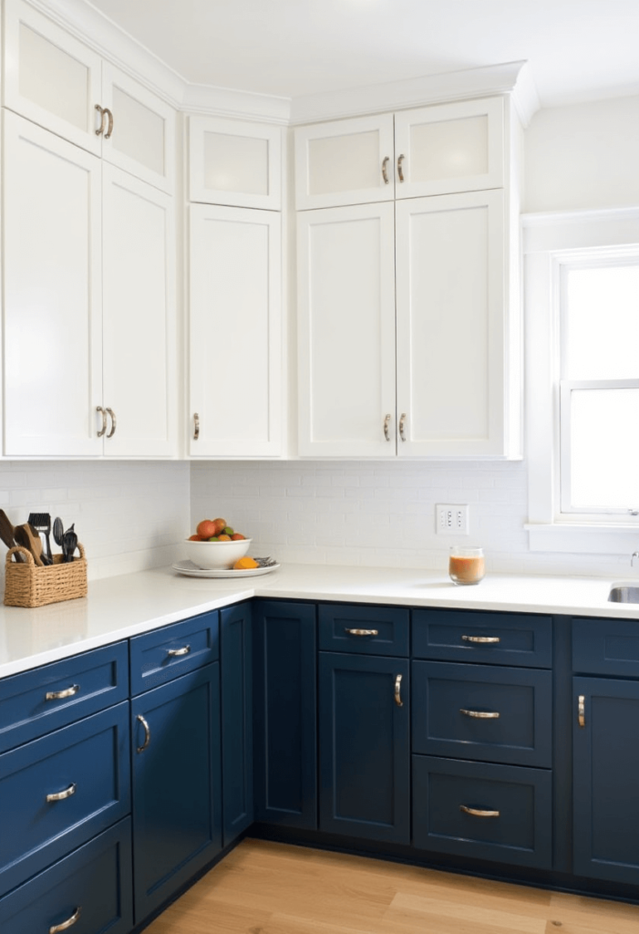 A beautifully designed kitchen featuring two-tone cabinets, showcasing dark navy lower cabinets and crisp white upper cabinets, creating a stylish and modern aesthetic.