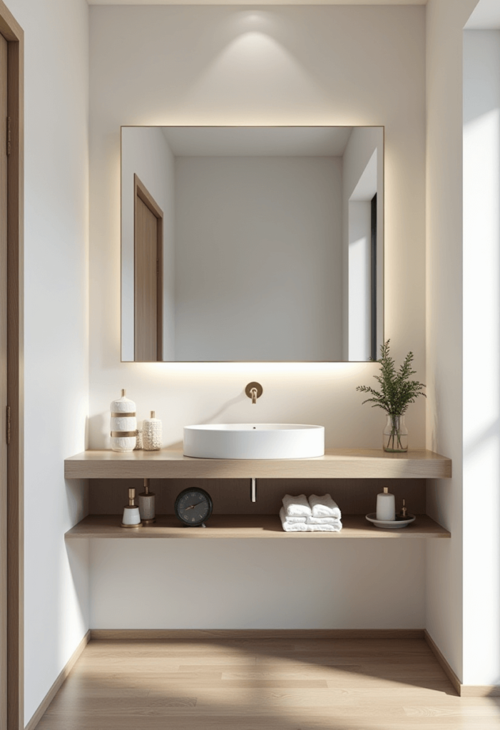 A stylish wall-mounted vanity in a small bedroom, featuring a sleek design, a functional mirror, and decorative items arranged neatly on floating shelves underneath.