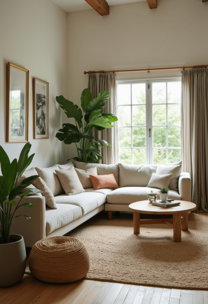 A living room designed with eco-friendly materials, featuring reclaimed wood furniture, organic fabrics, and sustainable decor that emphasizes a stylish green design