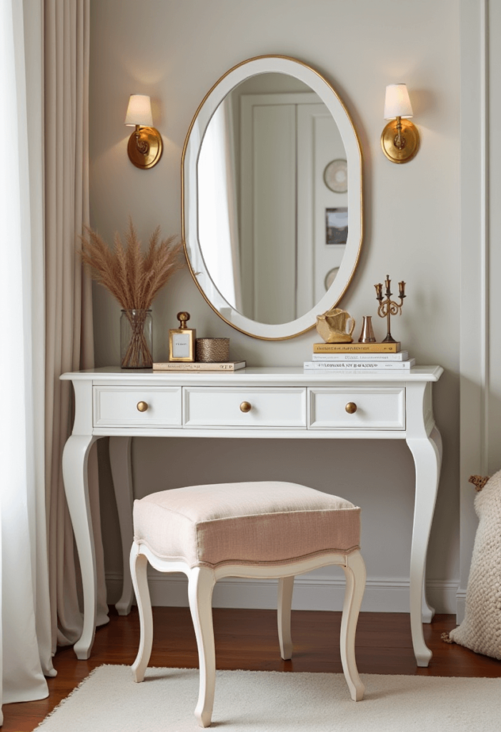 A small vanity adorned with glamorous accents like gold hardware, chic decor items, and a plush stool, creating an elegant atmosphere in the cozy bedroom.