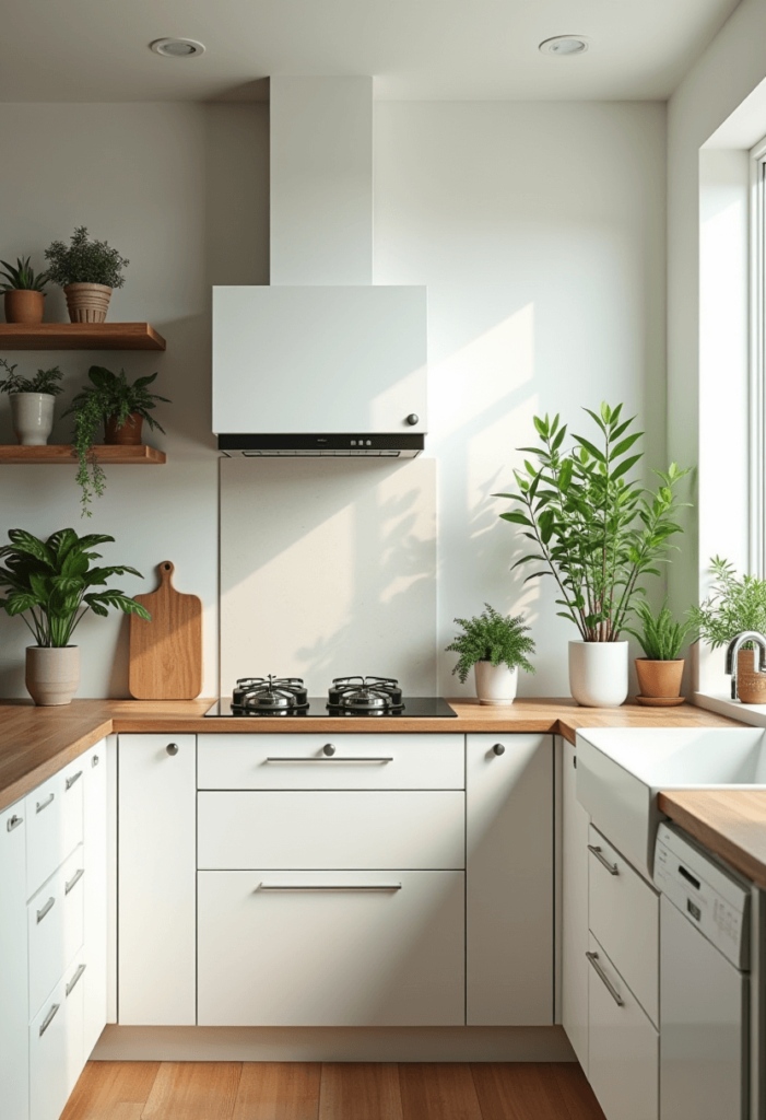 A health-conscious kitchen showcasing eco-friendly appliances, vibrant indoor plants, and natural light, promoting wellness and a refreshing atmosphere.