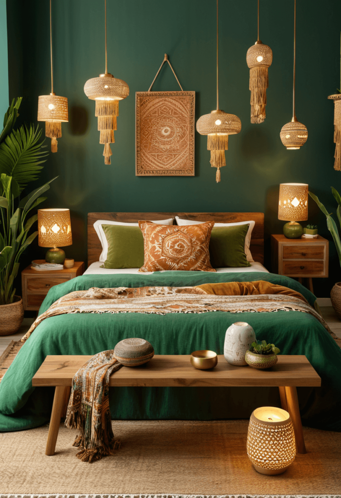 A green boho bedroom displaying layered lighting, including decorative table lamps and ambient light creating a warm and inviting atmosphere perfect for relaxation.