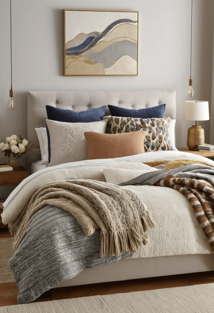 A stylish bed adorned with multiple throws of varying textures and colors, artfully layered to create a cozy and inviting space perfect for relaxation.