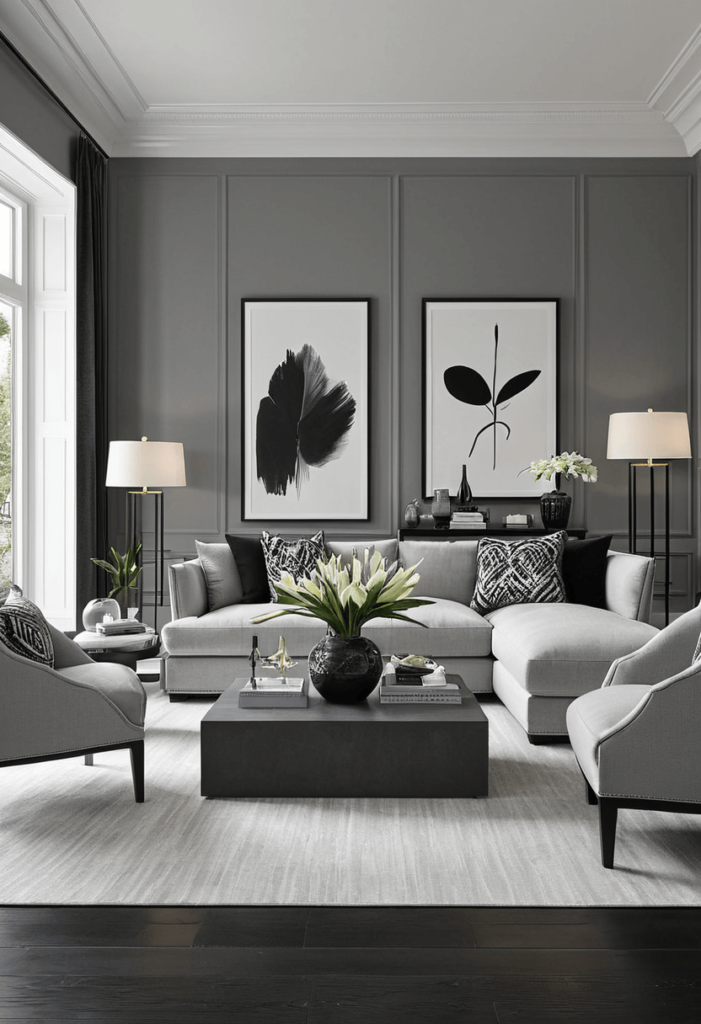 A sophisticated living room designed with a monochromatic color scheme, highlighting various shades of grey, black, and white throughout the decor.