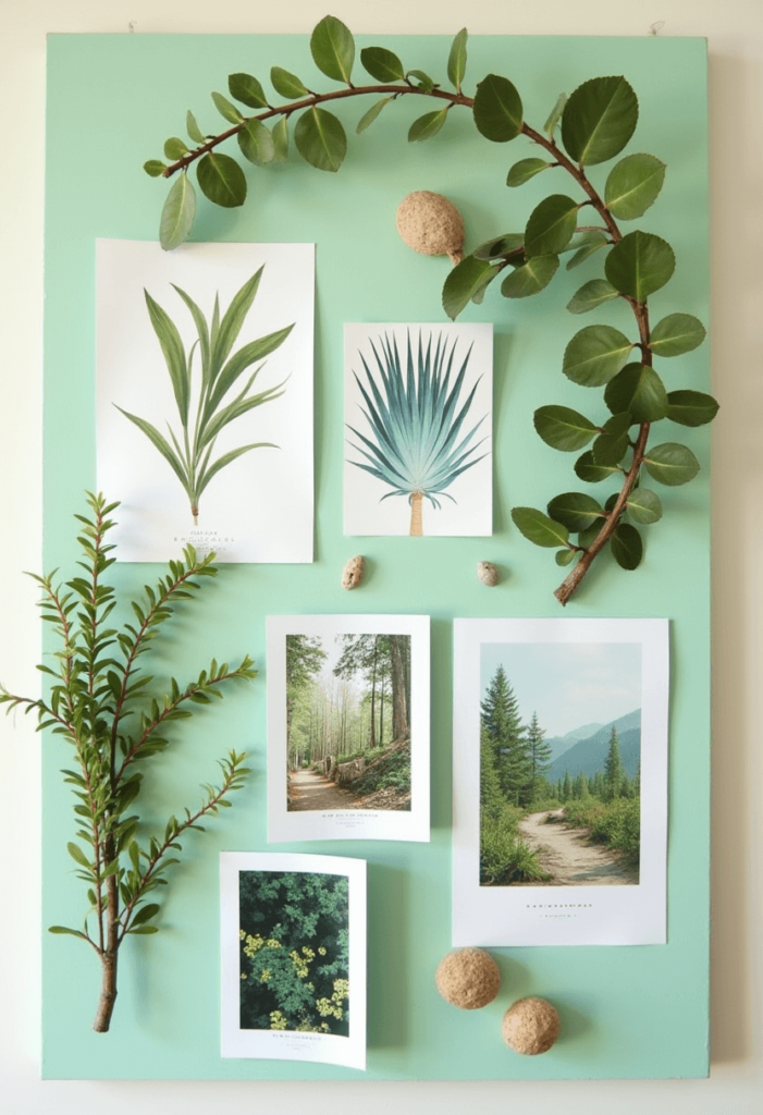 An outdoor-themed green board decorated with botanical prints, beachcombed treasures, and lush landscape images, bringing nature indoors.