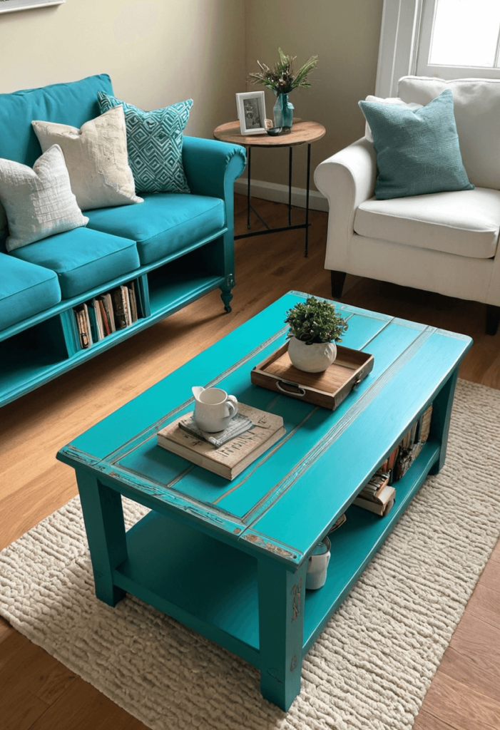 Upcycled furniture painted in teal, such as a coffee table and bookshelf, showcasing a creative and personalized touch in a charming living room.