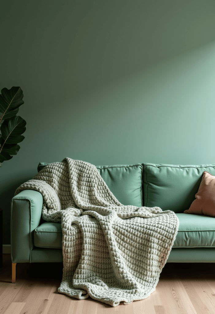 A cozy nook within a green living room, featuring a plush green chair, soft cushions, and natural light streaming in, providing a perfect retreat with a calm atmosphere.