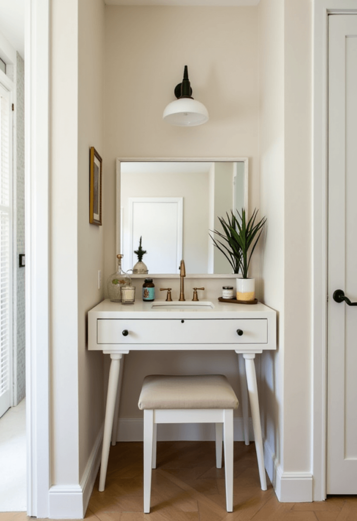 A personalized customized vanity designed to perfectly fit in a small bedroom, featuring unique storage solutions and custom finishes that reflect personal style.