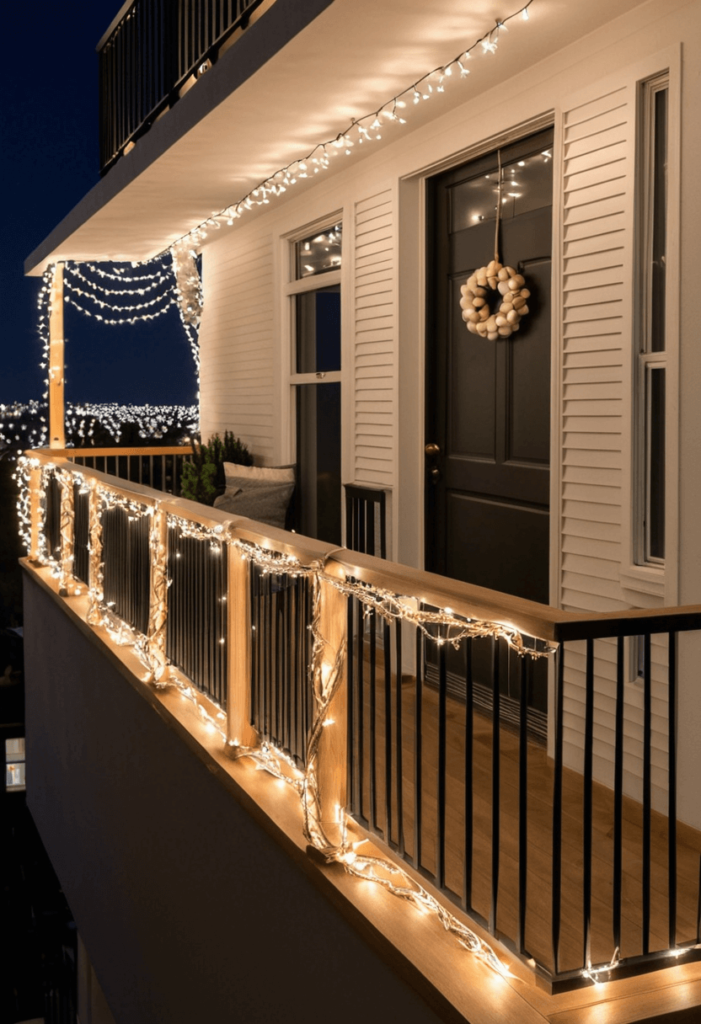 Garlands wrapped around the apartment balcony railing, intertwined with string lights, creating a beautiful and festive display for the holiday season.