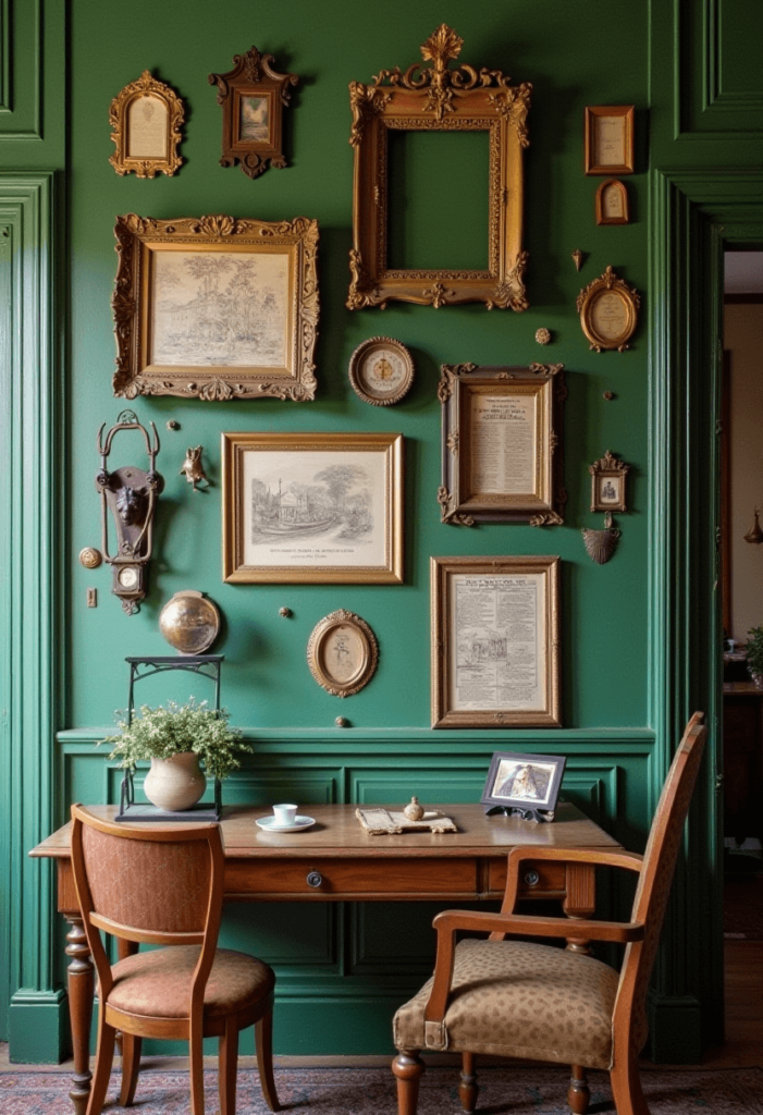 A vintage-style green board featuring antique frames, retro patterns, and historical memorabilia, reflecting timeless charm.