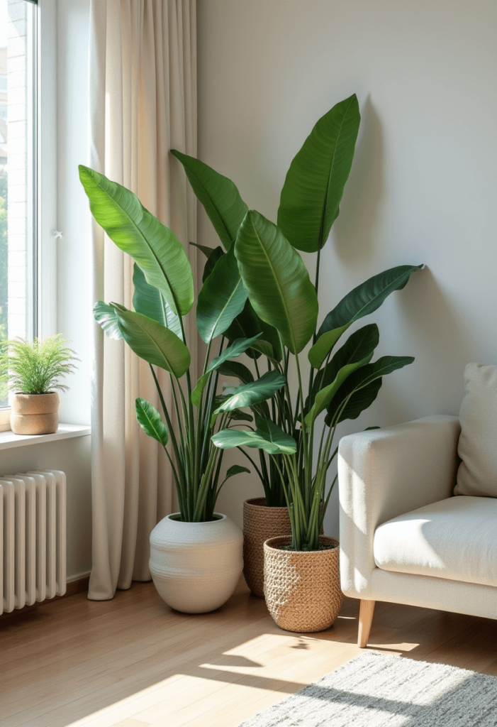 A living room with functional floor plants like large potted plants in stylish planters, enhancing decor and air quality while celebrating green living.