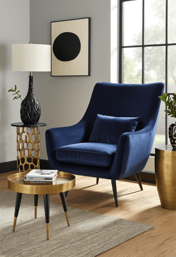 A living room showcasing statement furniture pieces, including a uniquely designed chair and a bold side table that stand out in the design.