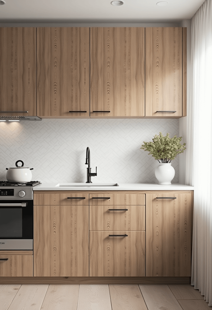 Kitchen cabinets showcasing textured finishes, such as brushed wood and painted patterns, creating visual interest and depth in the design.